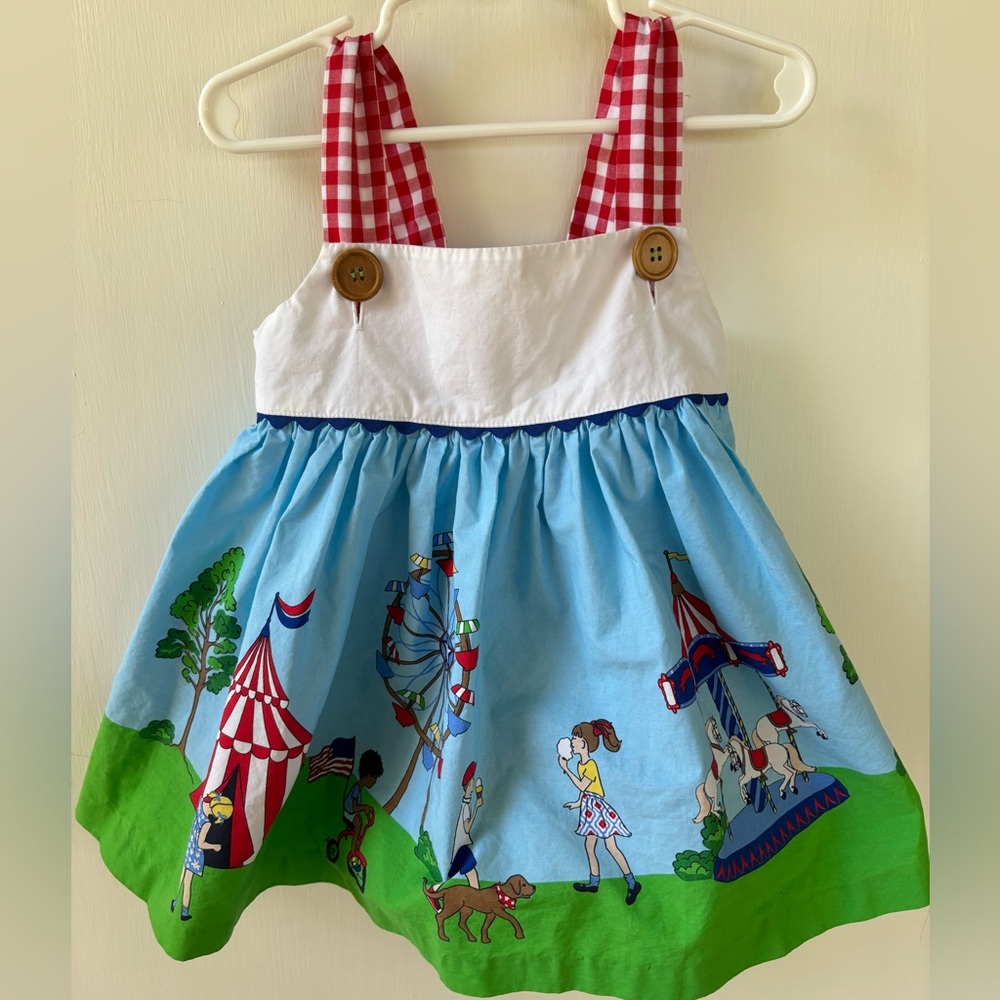 Boutique Girls Carnival Dress 3-4T Red Gingham Strap Circus Print Summer Dress